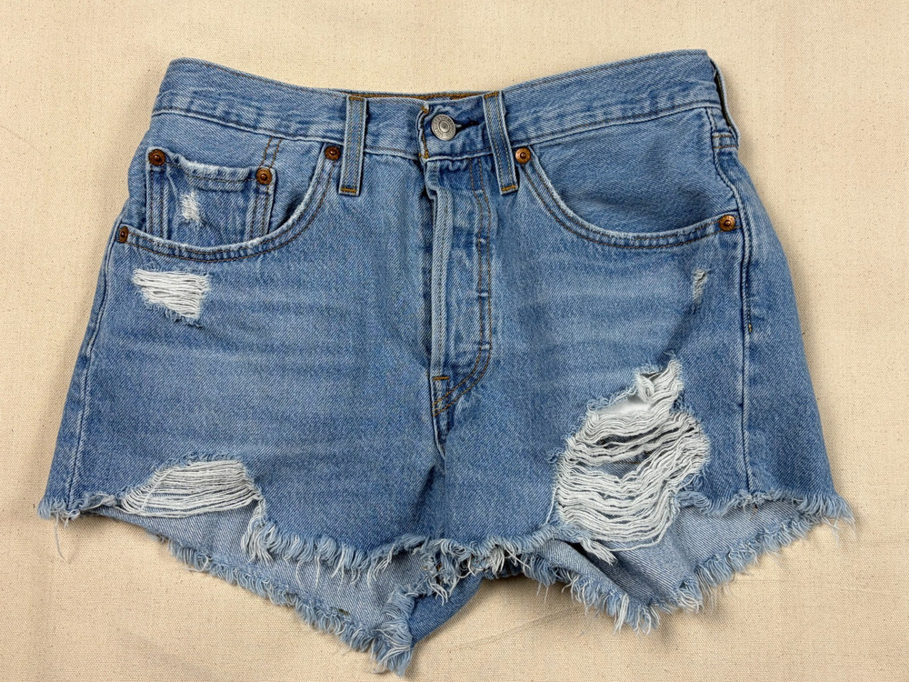 Levi’s 501 Women's Shorts W26 Blue Denim Distressed Cutoff Button Fly High Rise